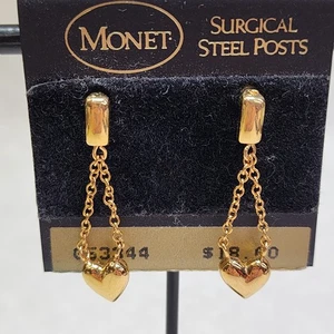 Monet Heart Dangle Earrings Gold Tone Surgical Steel Posts Vintage 90s Signed - Picture 1 of 6