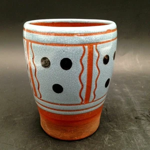 Wisconsin Pottery Redware Cup Mug Blue Polka Dots Sgrafitto Lines Signed EA - Picture 1 of 9