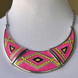 Fuchsia Pink Colorful Enamel Necklace Geometric Articulated Bib Statement 18” - Picture 1 of 24