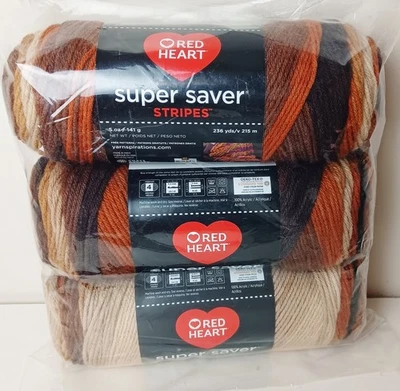 Red Heart Super Saver Yarn Latte Stripe Brown Shades Stripes Lot 3 Skeins 5 oz - Image 1 of 2