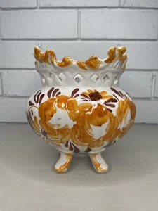 VTG Italian Pottery Jardinière Footed Planter Ornate Reticulated Floral Painted - Picture 1 of 9