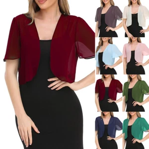 Women Chiffon Bolero Cardigan Open Front Sheer Shrug Jacket Cropped Tops Summer - Picture 1 of 28
