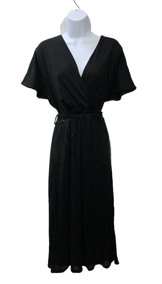 Grace Karin Sequin Cocktail Party Midi Dress Tie Waist Side Slit Size XL Black - Image 1 of 4