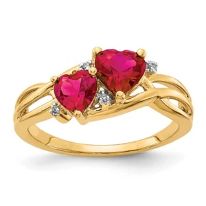 14k Yellow Gold 1.64 Ct Lab Created Ruby and Diamond Double Heart Ring Size 7 - Picture 1 of 5
