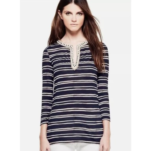 Tunica impreziosita Tory Burch blu navy & a righe bianche 100% seta strass piccola