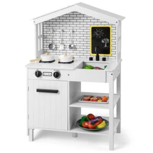 Kids Pretended Wooden Kitchen Play Set Toddler Toy Storage Shelves W/Accessories - Picture 1 of 10