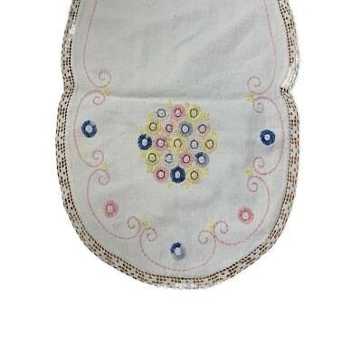 Vintage Linen Embroidered Floral Dresser Scarf Runner Cottage Core Shabby Decor - Image 1 of 4