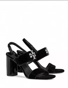 Tory Burch Eleanor Pave Heel Sandal in Black Velvet Leather $428, Sz 10, NIB - Picture 1 of 8