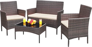 Patio Furniture 4 Pieces Conversation Sets Outdoor Wicker Rattan Chairs Garden B - Picture 1 of 7
