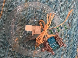 New With Tags Mudpie Blue Glass Silver Turtle Serving Bowl With Spreader Knife - Picture 1 of 2