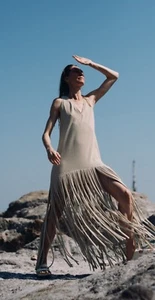 Adriana Degreas Tricot Fringe Maxi Dress Beige Womens Size Medium - Picture 1 of 8