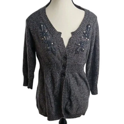 DKNY Cardigan Sweater Gray Knit Embroidered Embellished V Neck Womens Size M - Image 1 of 4