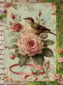 Arte en Metal, Rosa y Pájaro 8x12 Pulgadas, Rosas Rosas con Hojas Verdes en Espalda Azul - Imagen 1 de 2