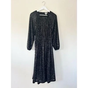 H&M Black Sequin Midi Dress Size M Balloon Sleeve Cut Out Back Christmas Party - Picture 1 of 12
