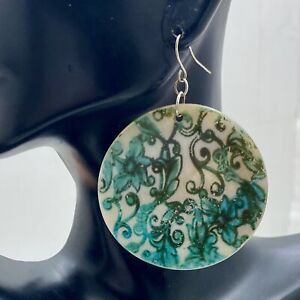 Statement Earrings coin discs mother of pearl  painted vines flowers green women