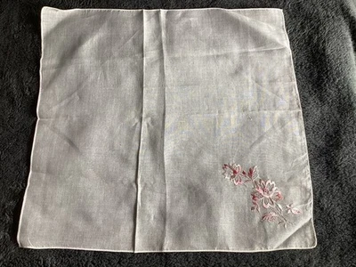 VTG  White Handkerchief  w/Satin Stitch Shades of Pink & White Rose  14x14 - Image 1 of 2