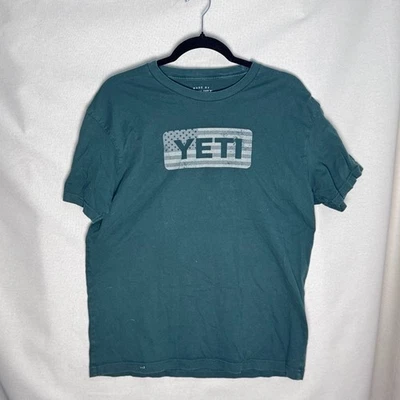 Мужская футболка с логотипом YETI American Flag большая зеленая состаренная хорошее состояние товара США - Изображение 1 из 3