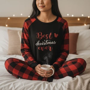 Aifer Best Christmas Ever Womens Small Sleep Top Mickey Mouse Black Plaid Rustic - Picture 1 of 4