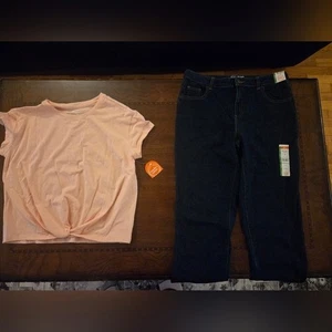 NWT girl 16 straight leg dark denim jeans and short sleeve pink tee - Picture 1 of 3
