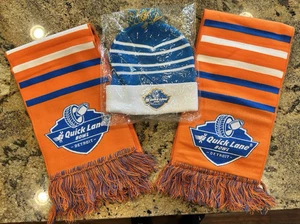 (2) Quick Lane Bowl Ford Field orange blau weiß Erwachsene Schal & (1) Mütze NEU - Bild 1 von 6