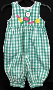 VTG Kelly's Kids Green Plaid Bubble Romper 4 Lipstick Compact Brush Applique Gir - Picture 1 of 6