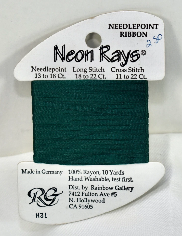 Rainbow Gallery Neon Rays rayon 10 yards N31 dark green ribbon - Image 1 of 1