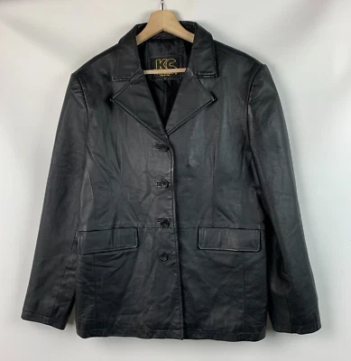 KC Collection Jacket Black Leather Collared Buttons Pockets Insulated Lined Sz L - Image 1 of 4