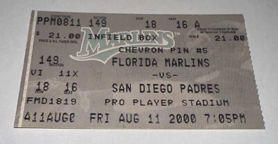 Padres Marlins MLB Ticket Stub Trevor Hoffman Save Pro Player Stadium 8/11/2000 - Image 1 of 2