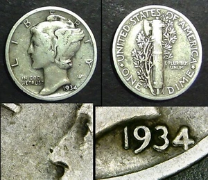 1934 Mercury dime with Double Date and a wart on his nose of profile on Obverse. - Picture 1 of 1