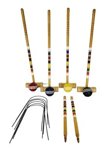 Vintage Wood Croquet Game Set 4 Mallets 4 Balls 2 Ending Stakes 6 Steel Wickets - Picture 1 of 8