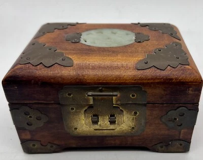 Vintage Chinese Jewellery Box Chest Wood Brass Jade Panel With Key And Lock - Image 1 of 4