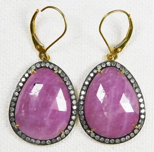 18K GOLD Clips, Pale Faceted RUBIES, 85 Tiny DIAMONDS, Sterling Pendant Earrings - Picture 1 of 10