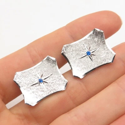 925 Sterling Silver Vintage JML USA Blue C Z Satin Finish Rectangle Cufflinks - Image 1 of 4