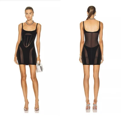 Mugler x Wolford Flock Shaping Mini Dress Sz S Black $810 New Shapewear Bodycon - Image 1 of 4