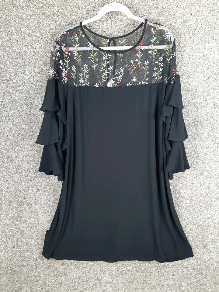 Платье женское Julian Taylor прозрачное с вышивкой цветочный узор 24W черное с рукавами-колокольчиками для мероприятий - Изображение 1 из 4