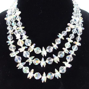 Vintage 1950s Vendome Faceted Triple Strand Aurora Borealis Crystal Necklace - Picture 1 of 24