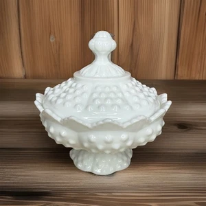 Vintage Fenton Hobnail Milk Glass Lidded Candy Dish with Pedestal 1950s - Picture 1 of 6