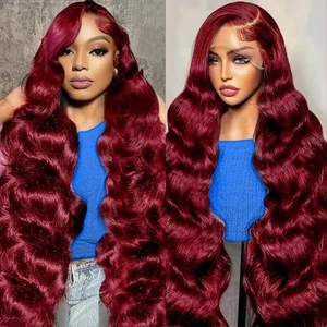 30 Inch 99J Burgundy Lace Front Wigs Human Hair Red Burgundy Wig Human Hair 1... - Picture 1 of 7