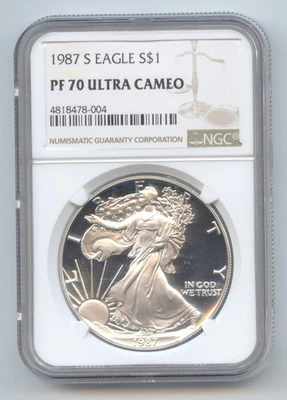 American Silver Eagle 1987-S Proof, etiqueta marrón NGC, PF-70 Ultra camafeo Foto 1 de 2