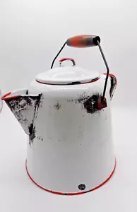 Vintage White w/ Red Enamelware Coffee Pot Cowboy Kettle Farmhouse Cabin-5 qts. - Picture 1 of 10