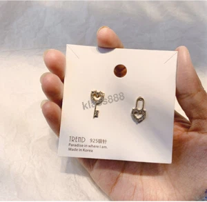 Asymmetry Golden Heart Shape Key Lock Simulated Rhinestone Women Stud Earrings - Picture 1 of 10