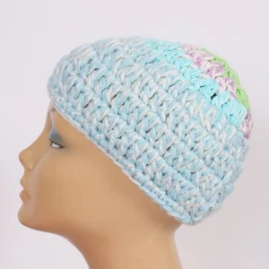 Handmade Crochet Beanie Skull Cap Hat Light Blue Yellow Women Men New USA Made 5 - Picture 1 of 3
