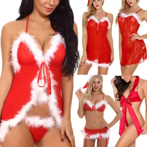 Women Ladies Sexy Santa Christmas Lingerie Set Babydoll Lace Chemises Sleepwear - Picture 1 of 33