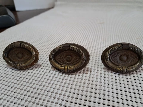3 Antique Steel Drawer Pulls dresser Handle Drop Vtg #847~ 2  1/8" X 1  9/16" Cover