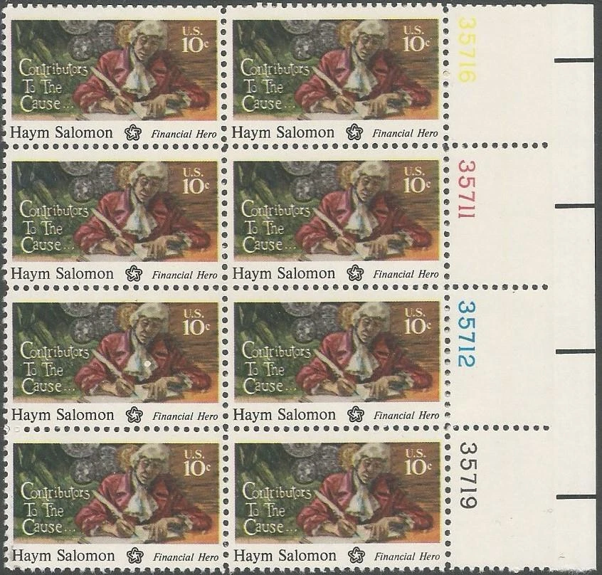Plate Block of 8 stamps - Scott 1561 - 10 cent -  Haym Salomon - 1975 - MNH - Image 1 of 1