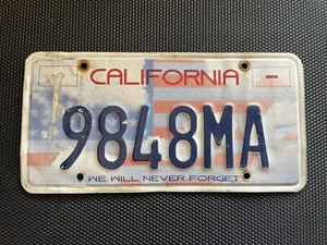 CALIFORNIA LICENSE PLATE 9848MA WE WILL NEVER FORGET AMERICAN FLAG - Picture 1 of 1