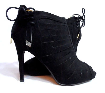 QUPID Bootie Stilleto High Heels Spiked Heel Black Zipper & Bows Velvet Slashed  - Image 1 of 4