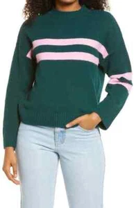BP. Graphic Recycled Blend Sweater In Green- Pink Varsity Stripe NEW NWT size XS - Picture 1 of 1