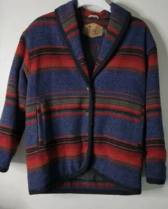 Vtg Woolrich Womens Coat Sz M Southwest Western Wool Blue Red Multi Stripe - Picture 1 of 12