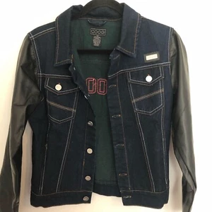 COOGI Jean Jacket Black Faux Leather Sleeves Youth Size 14 Eagle Appliqué Back - Picture 1 of 4